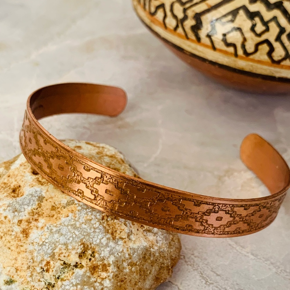 Vintage Aztec Patterned Copper Cuff Bracelet - image 1